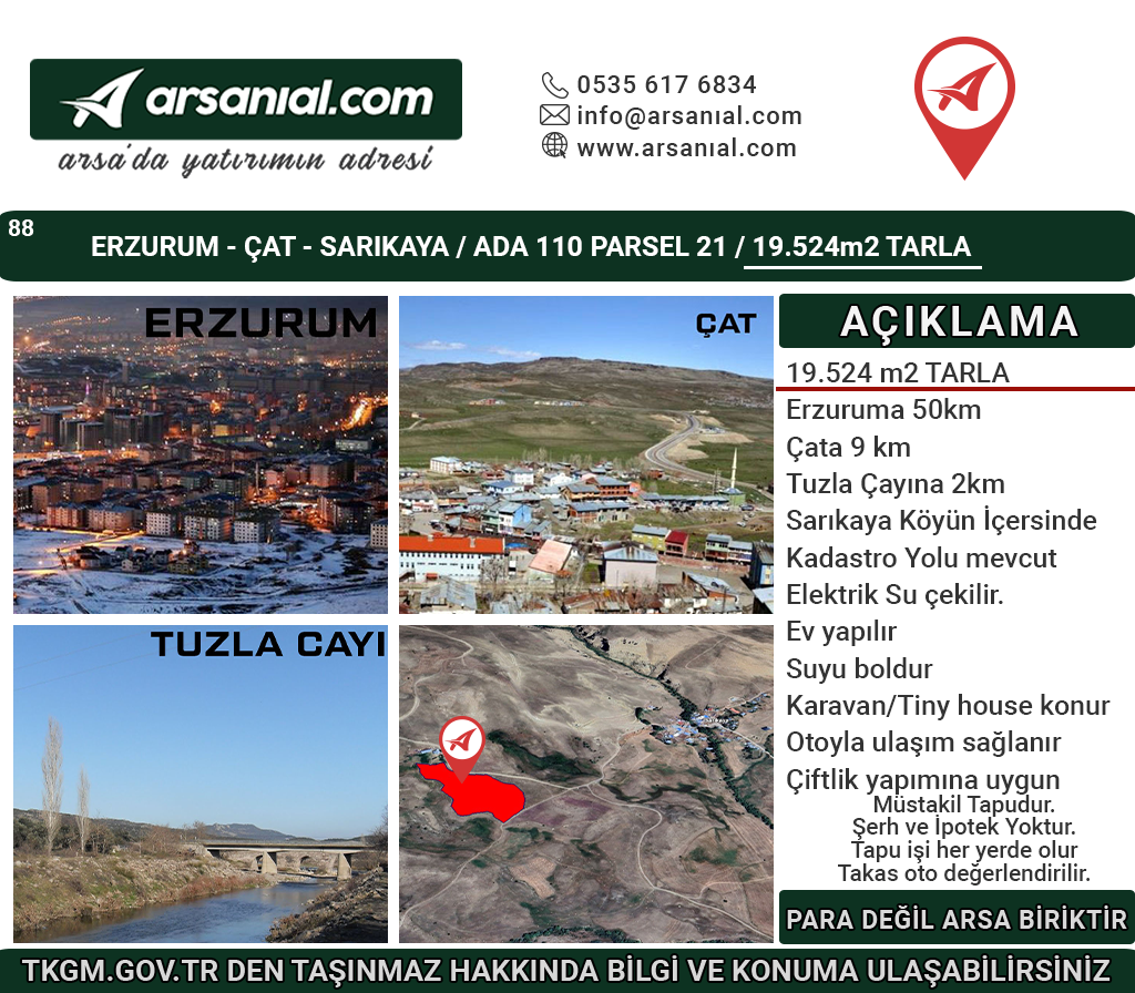 Erzurum-Çat-Sarıkaya-Satılık 19.527m2 Tarla