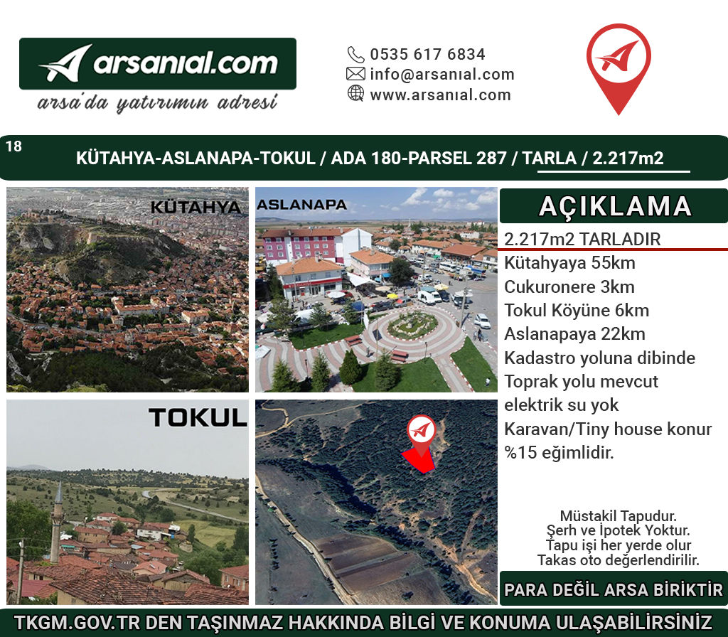 Kütahya Aslanapa Tokul 2217m2 Satılık Tarla