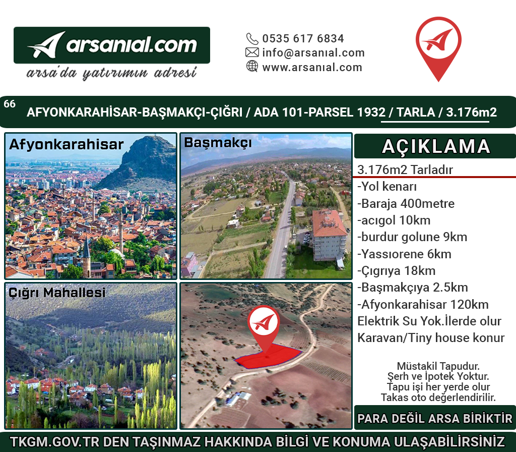 Afyonkarahisar-Başmakçı-Çığrı-Satılık 3176m2-Tarla