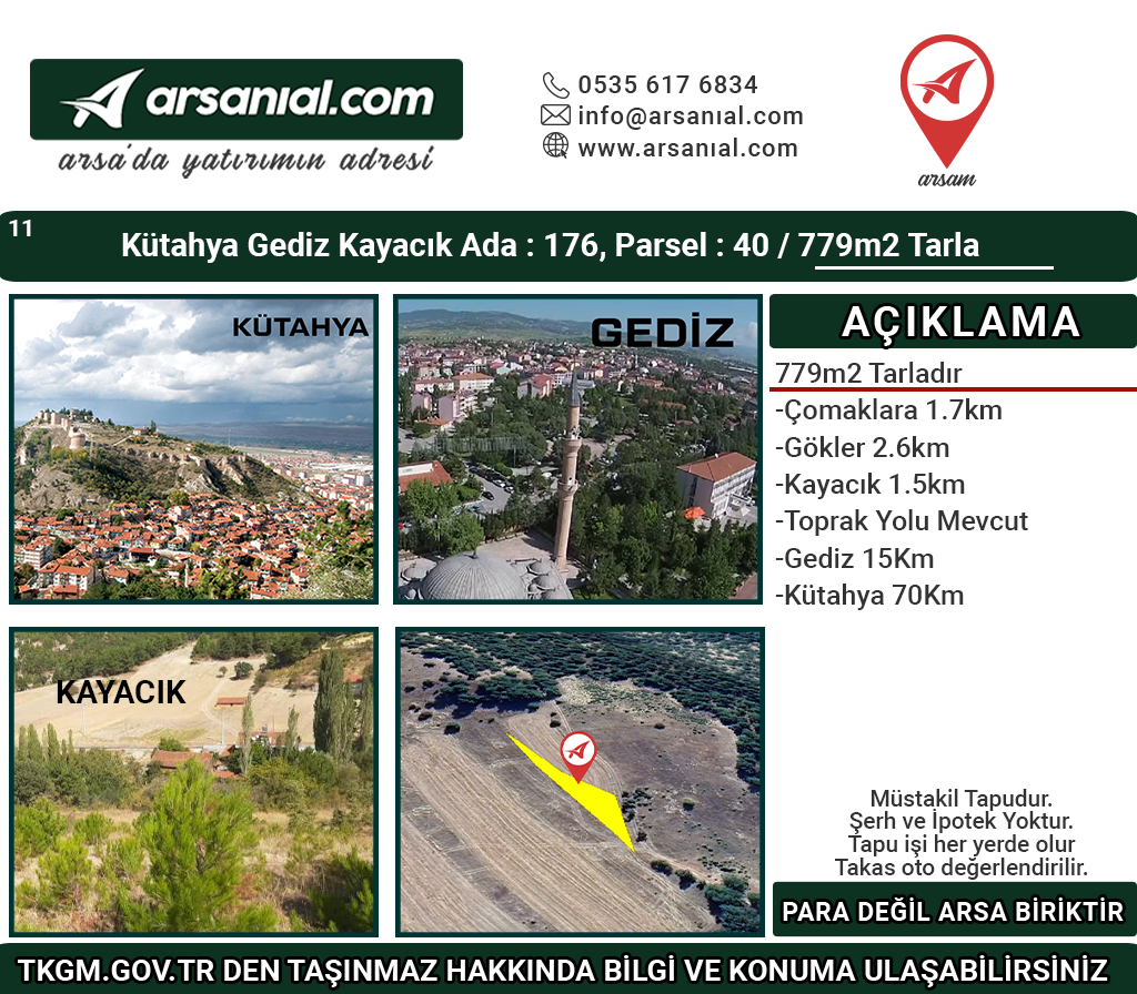 Kütahya Gediz Kayacık 779m2 Tarla