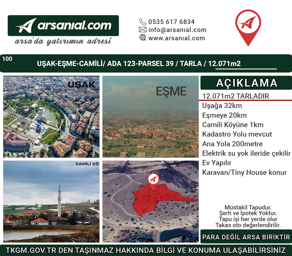Uşak Eşme Camili Satılık 12071m2 Tarla