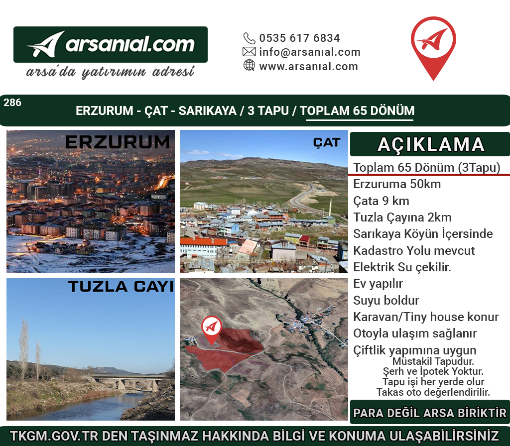 Erzurum-Çat-Sarıkaya-Satılık 65Dönüm Tarla
