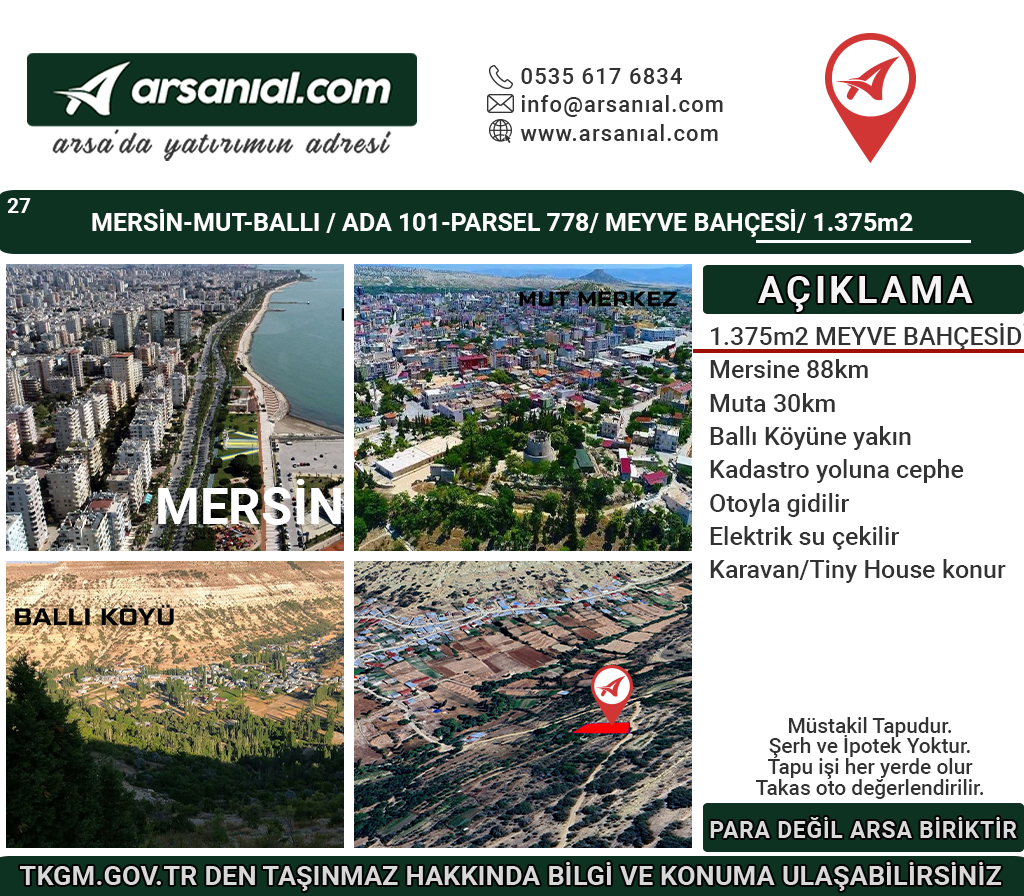 Mersin Mut Ballı Satılık 1375m2 Meyve Bahçesi