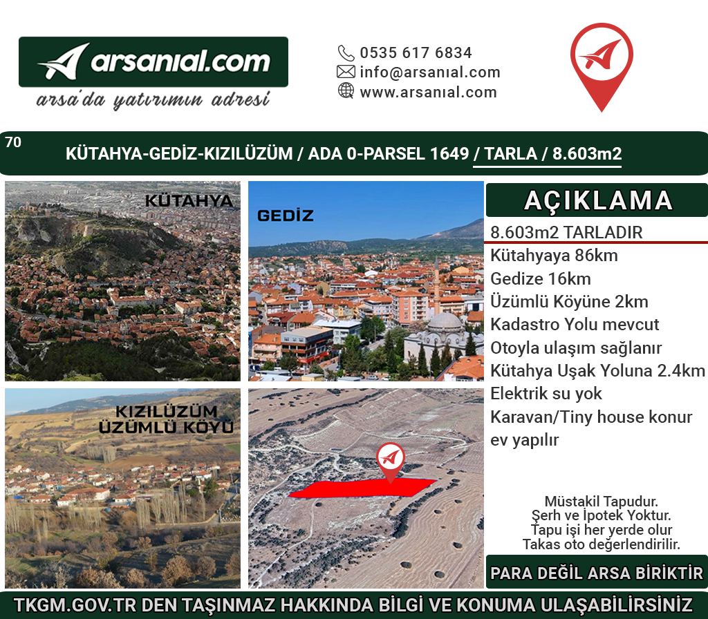 Kütahya Gediz Kızılüzüm Satılık 8600m2 Tarla