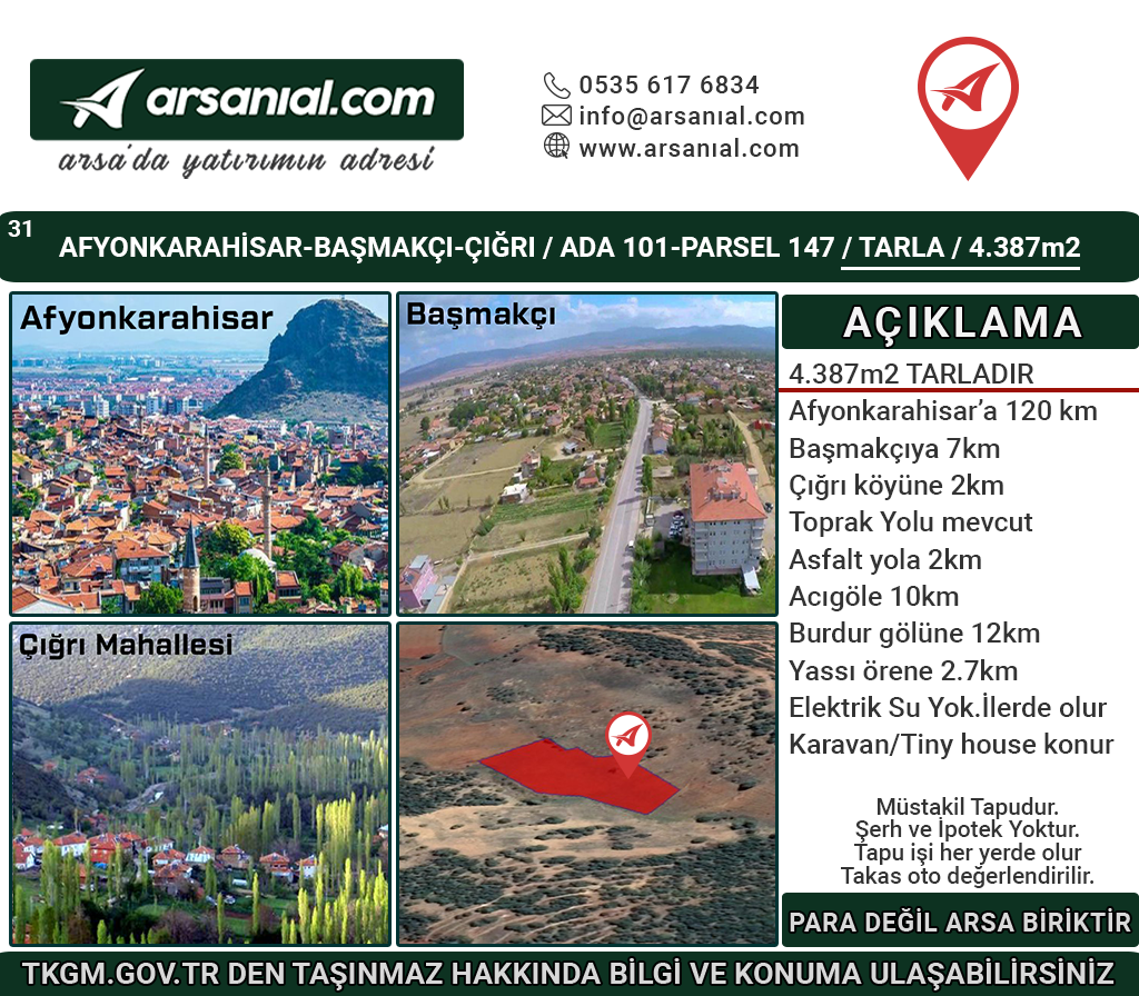 Afyonkarahisar-Başmakçı-Çığrı-Satılık 4387m2-Tarla