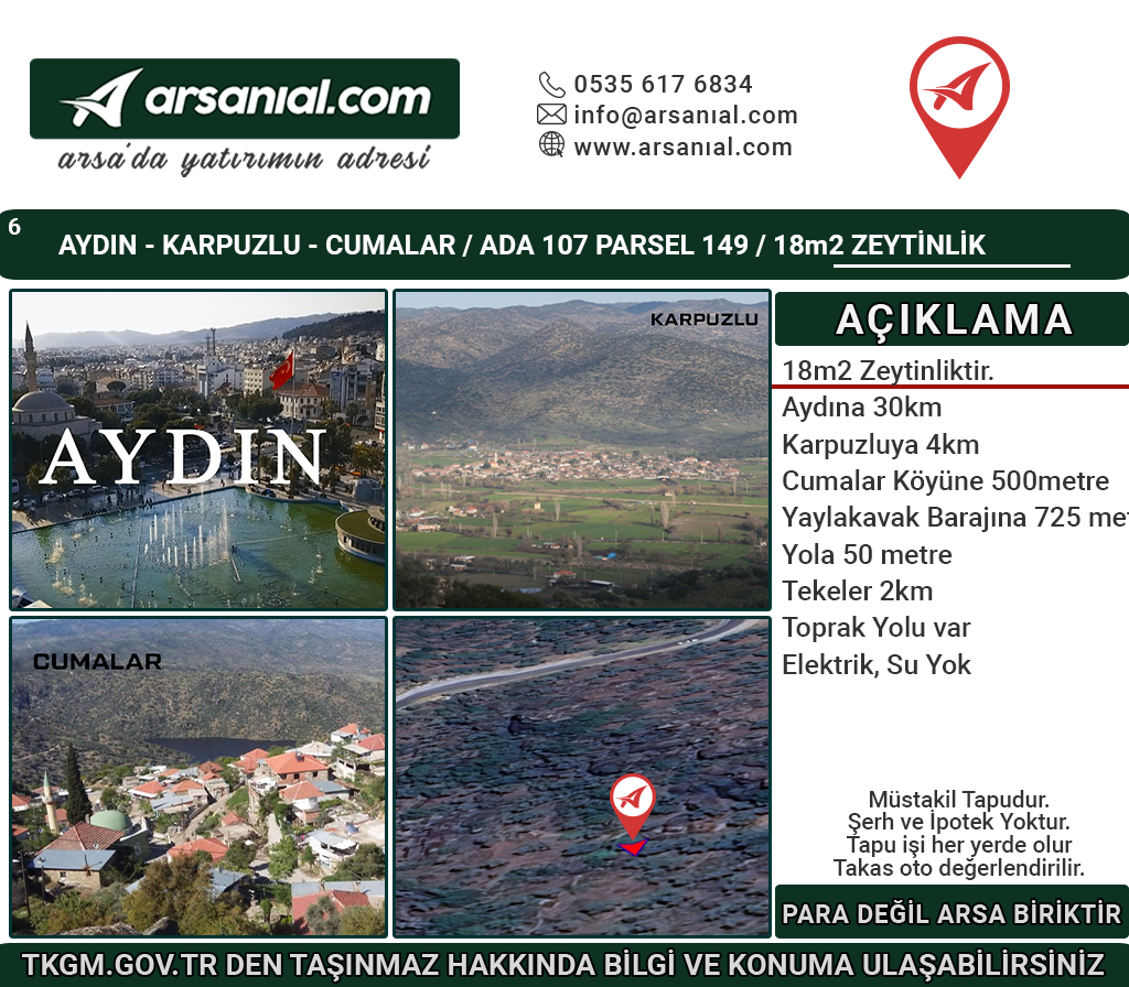 Aydın/Karpuzlu/Cumalar Satılık Zeytinlik 18m2