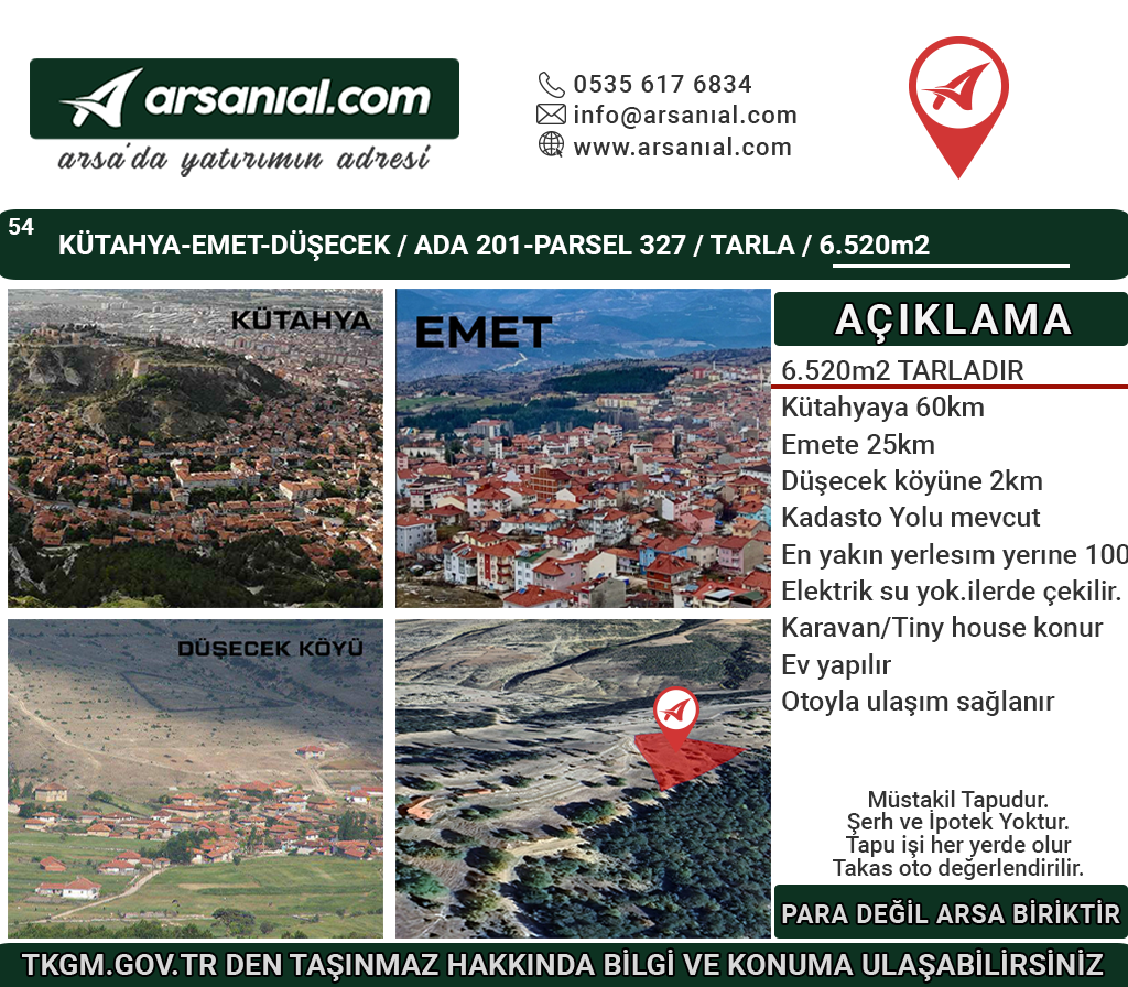 Kütahya Emet Düşecek Satılık 6520m2 Tarla