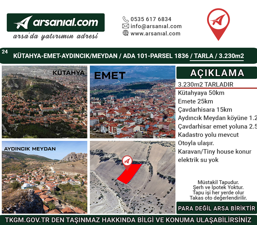 Kütahya Emet AydıncıkMeydan Satılık 3230m2 Tarla