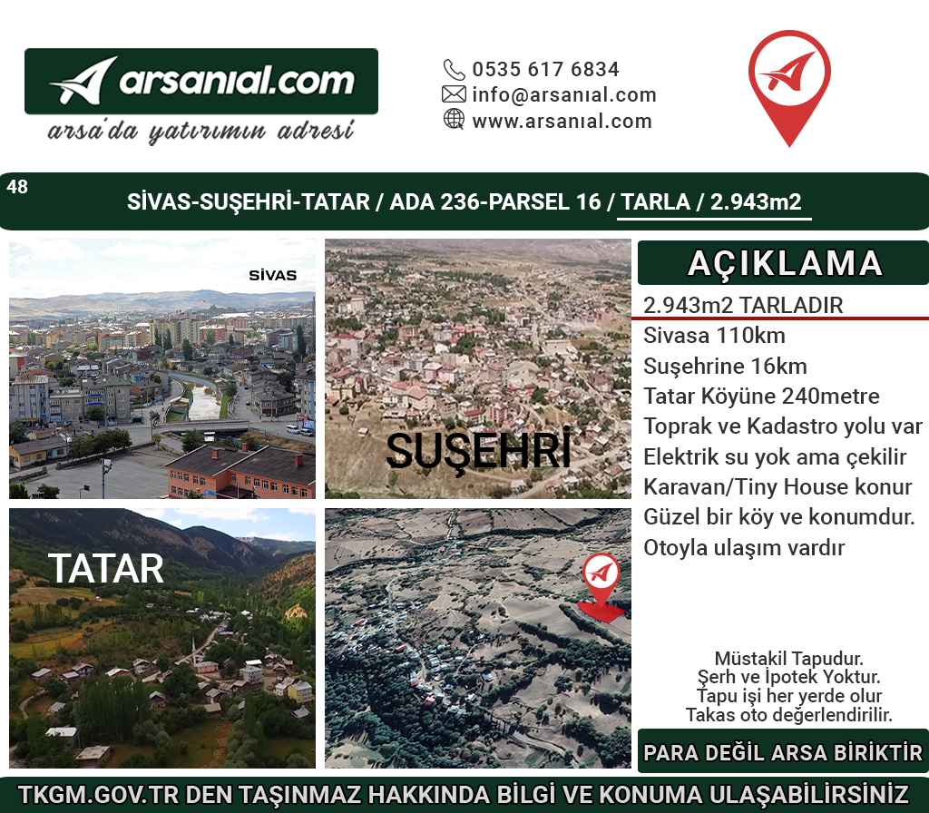 Sivas Suşehri Tatar Satılık 2943m2 Tarla