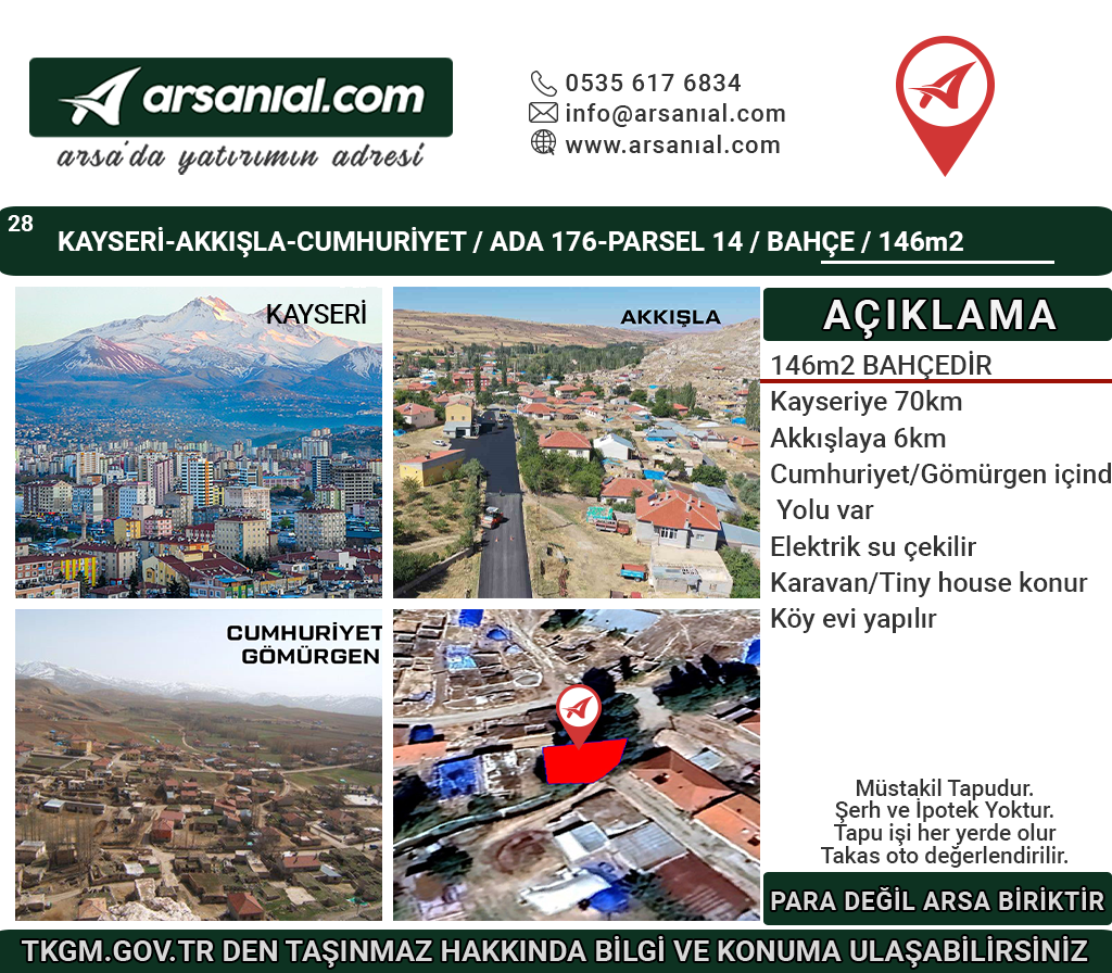 Kayseri Akkışla Cumhuriyet Mah. Satılık 146m2 Bahçe