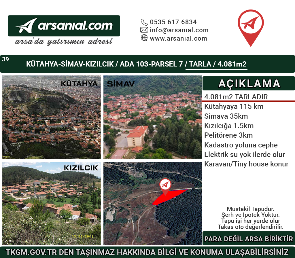 Kütahya Simav Kızılcık Satılık 4081m2 Tarla