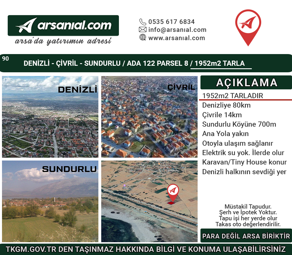 Denizli-Çivril-Sundurlu Satılık 1952m2 Tarla