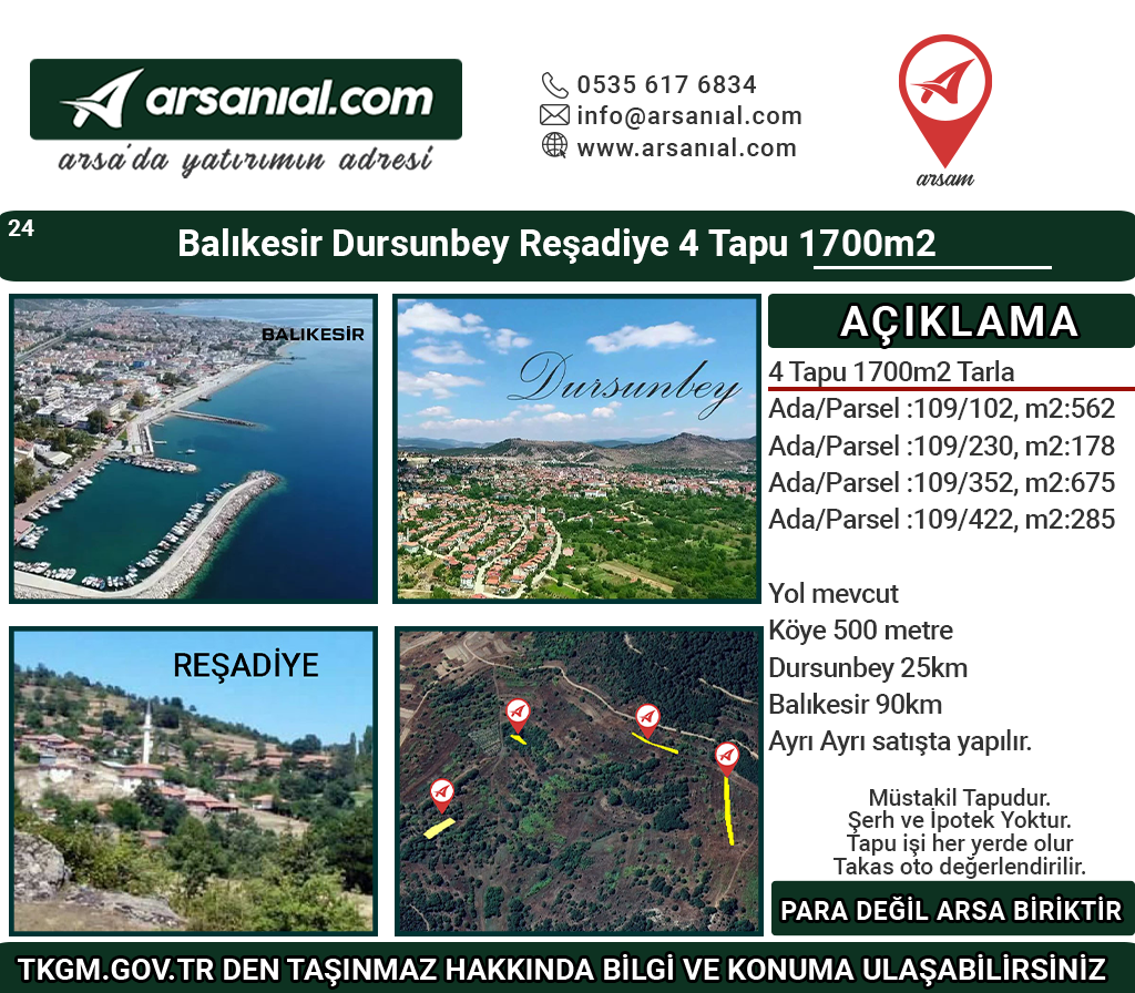 Balıkesir Dursunbey Reşadiye 4 Tapu 1700m2