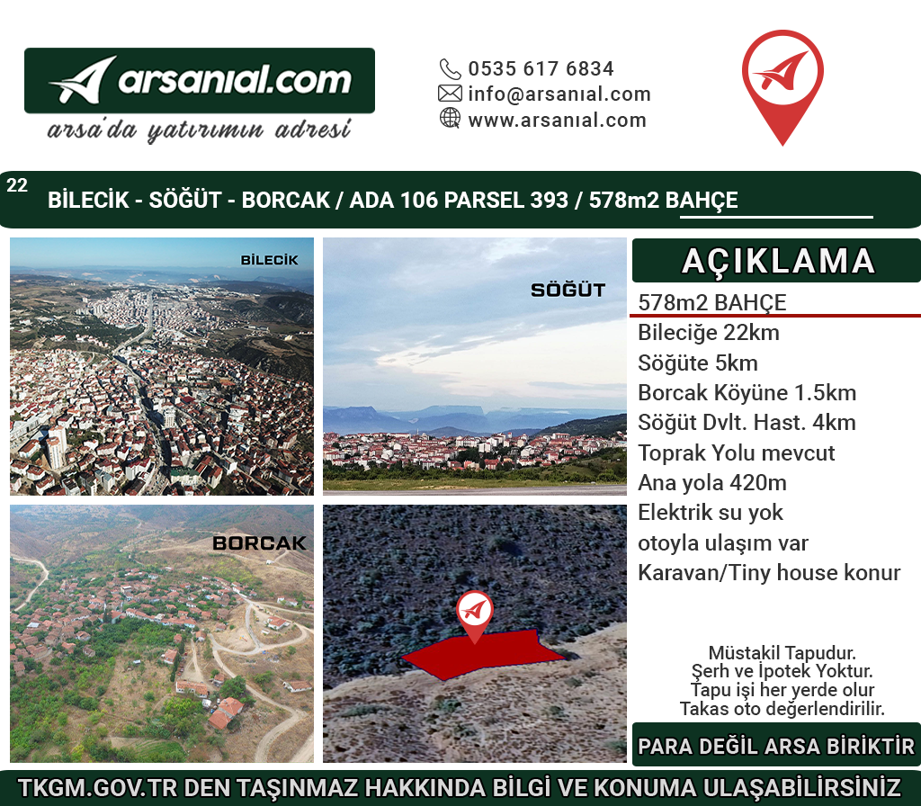 Bilecik-Söğüt-Borcak-Satılık 578m2Bahçe