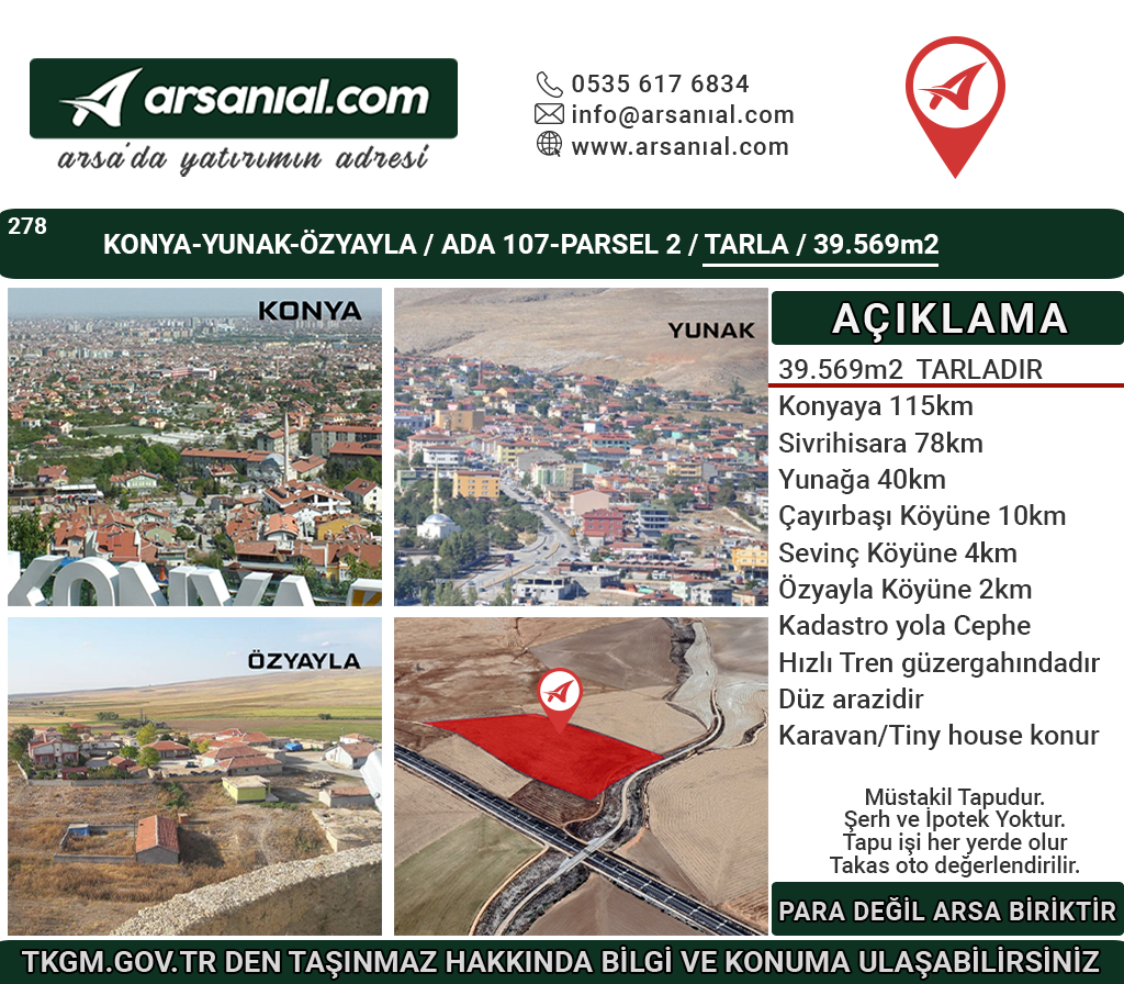 Konya Yunakta 40Dönüm Tarla Hızlı Tren Güzergahı Yol Cepheli