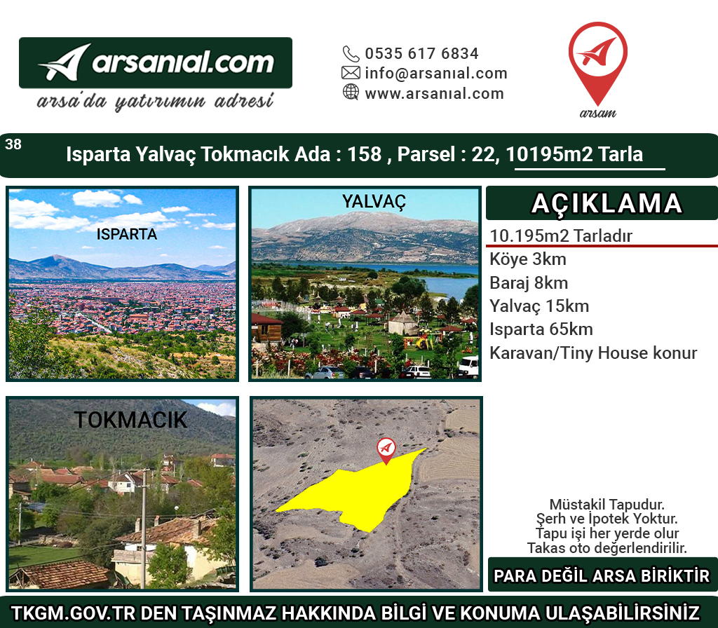 Isparta Yalvaç Tokmacık 10.195m2 Tarla