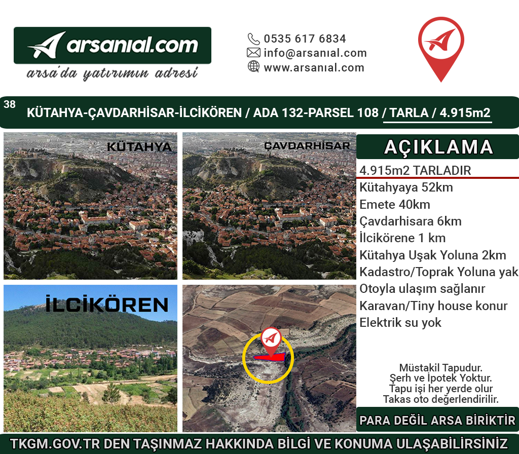 Kütahya Çavdarhisar İlcikören Satılık 4915m2 Tarla