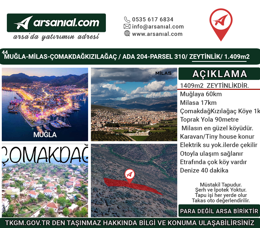 Muğla-Milas-Cokmakdagkızılagac-Satılık-1409m2Zeytınlık