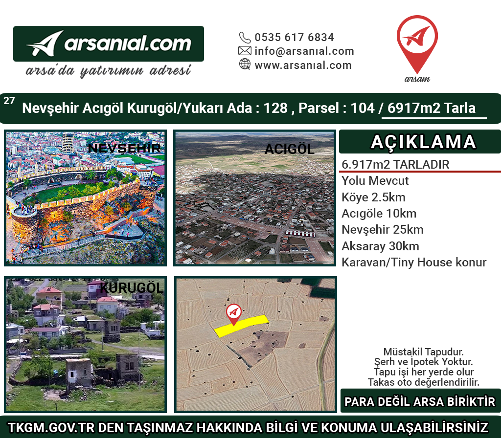 Nevşehir Acıgöl Kurugöl/Yukarı 6917m2 Tarla