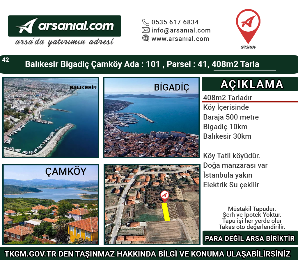 Balıkesir Bigadiç Çamköy 408m2 Tarla