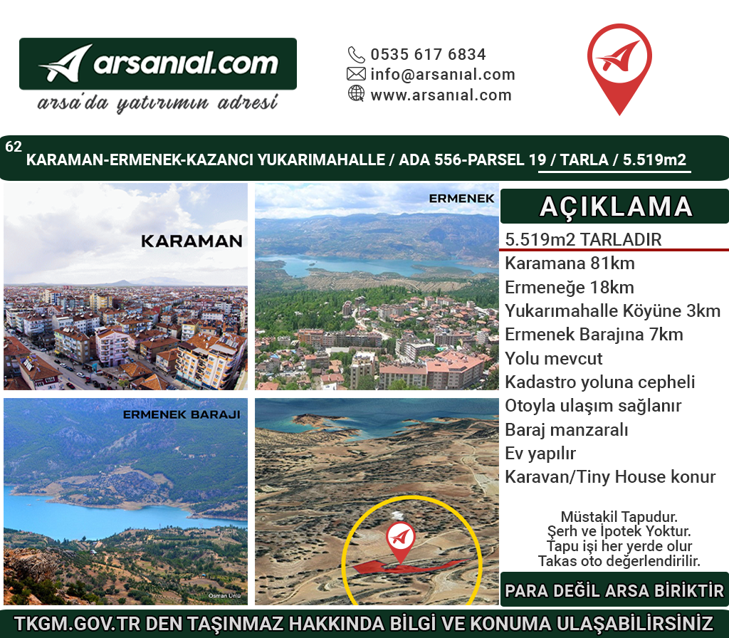 Karaman Ermenek Kazancı Satılık 5519m2 Tarla