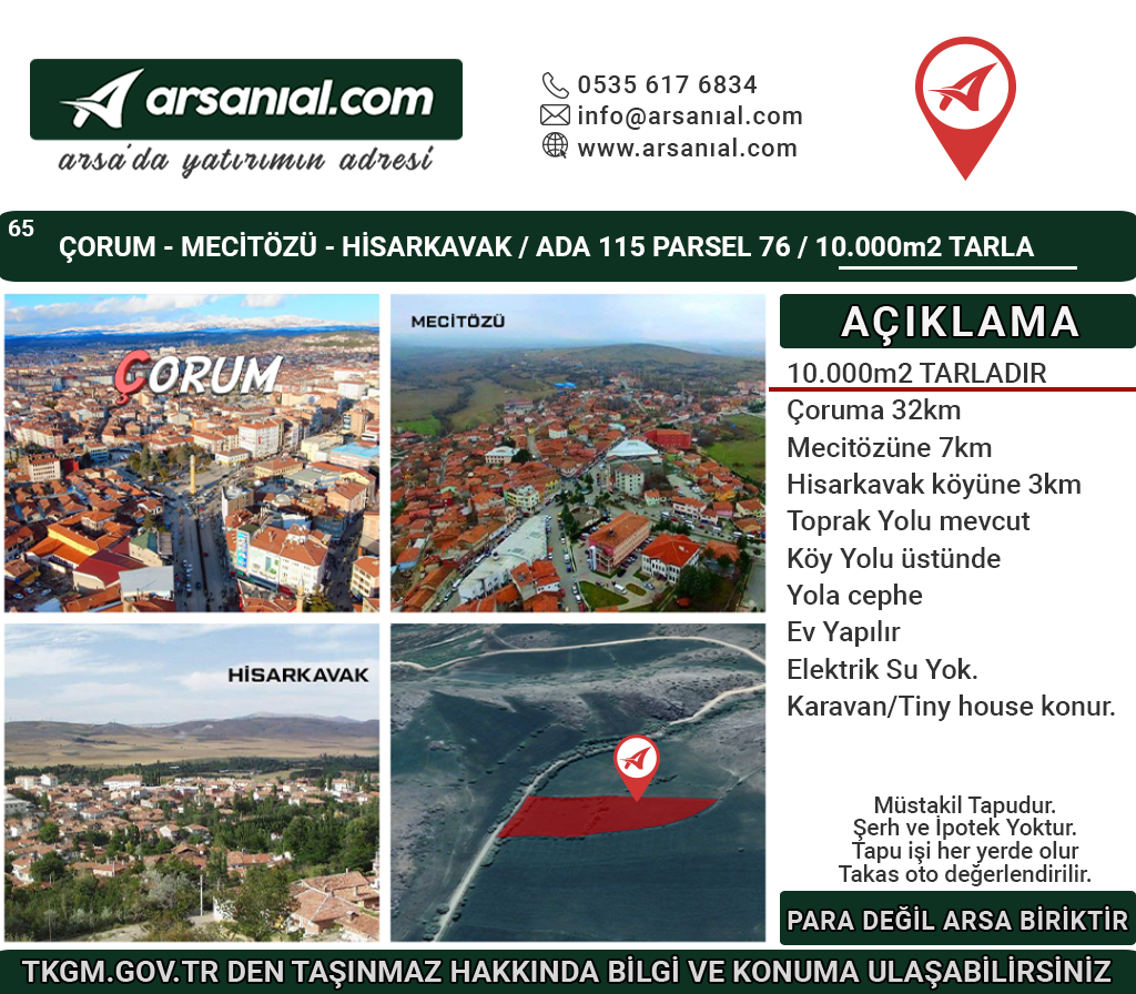 Çorum Mecitözü Hisarkavak Satılık 10000m2 Tarla