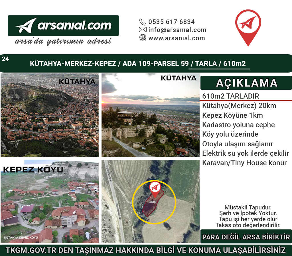 Kütahya-Merkez-Kepez-Satılık 610m2Tarla