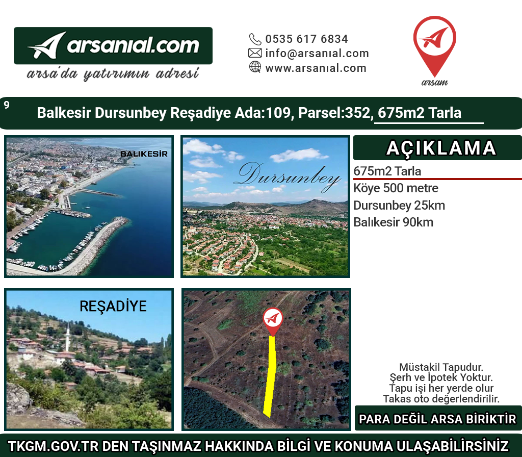 Balıkesir Dursunbey Reşadiye 675m2 Tarla