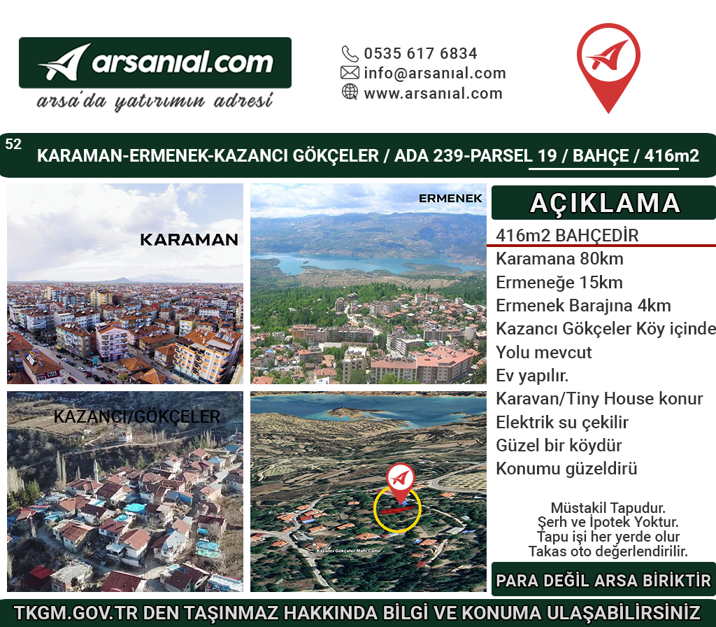 Karaman Ermenek Kazancı Satılık 416m2 Bahçe