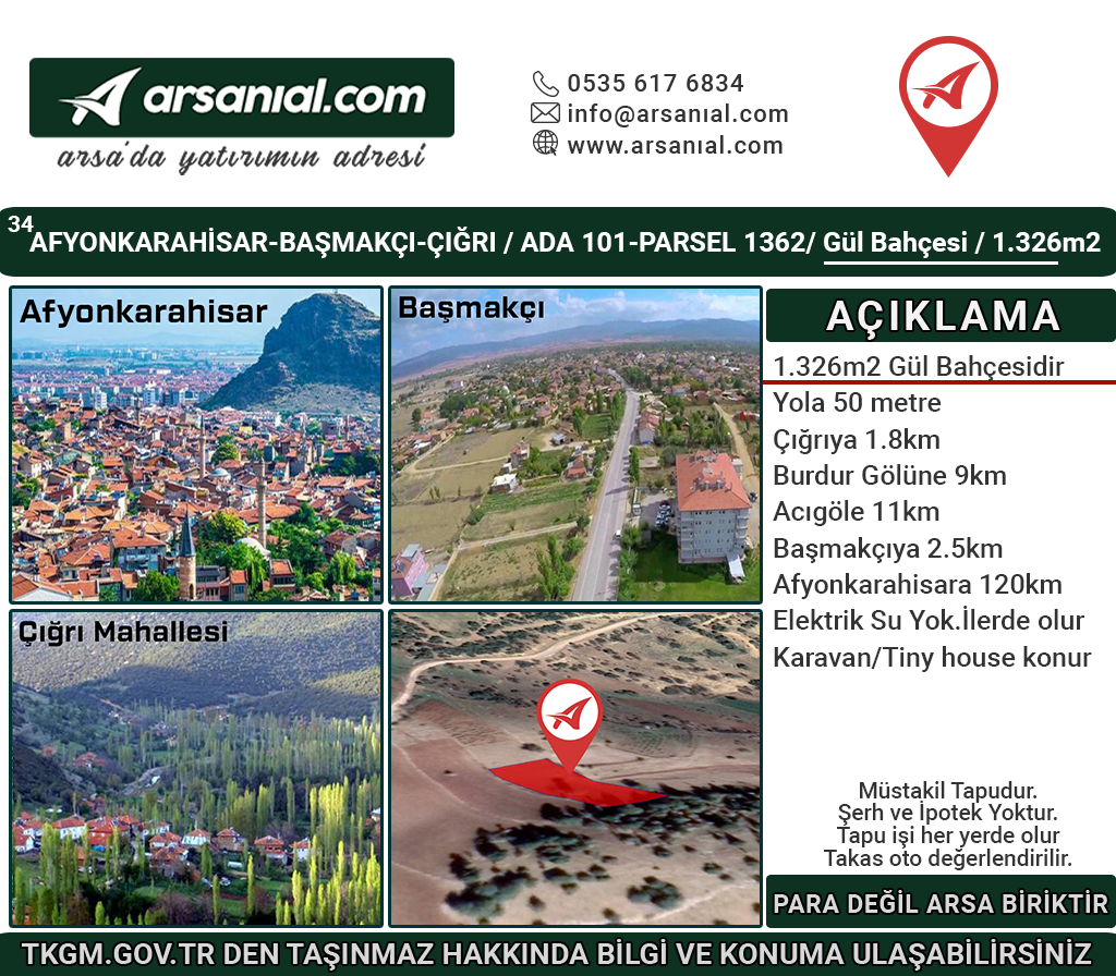 Afyonkarahisar Başmakçı Çığrı Satılık 1326m2 Gül Bahçesi