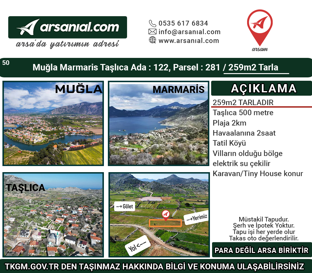 Muğla Marmaris Taşlıca 259m2 Tarla