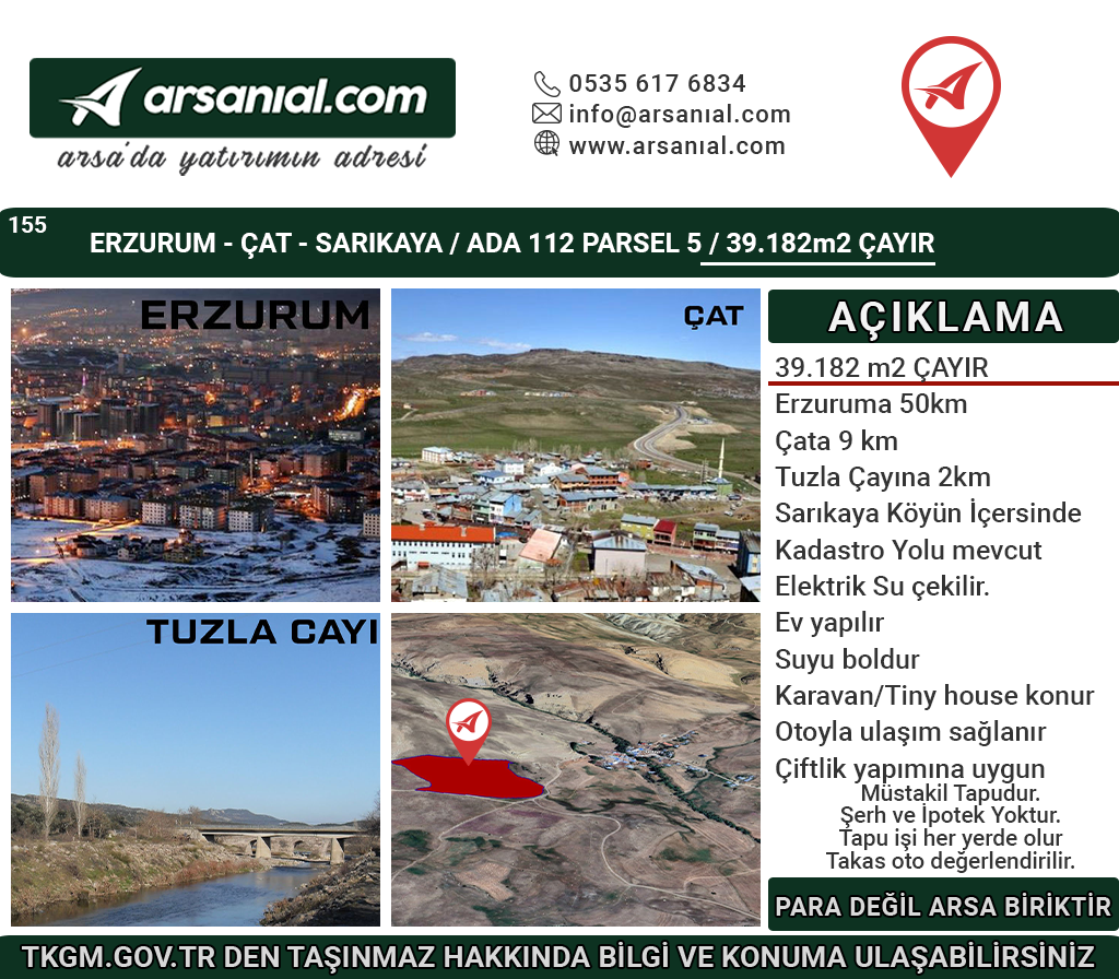 Erzurum-Çat-Sarıkaya-Satılık 39.182m2 Tarla