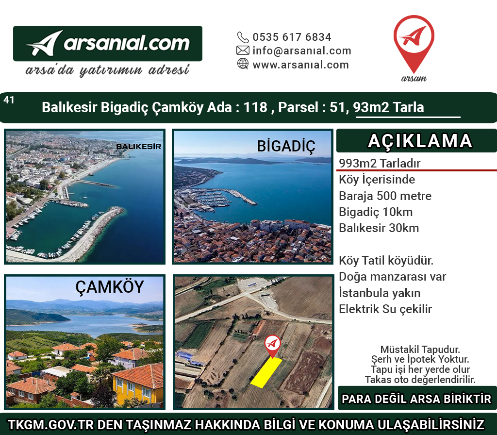 Balıkesir Bigadiç Çamköy 993m2 Tarla