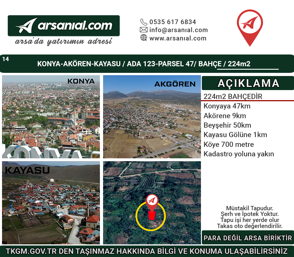 Konya Akgören Kayasu Satılık 224m2 Bahçe