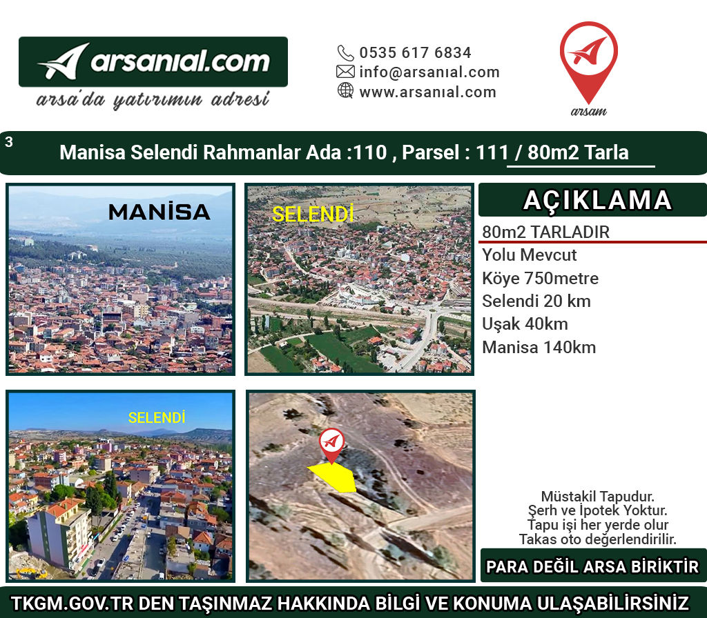 Manisa Selendi Rahmanlar 80m2 Tarla