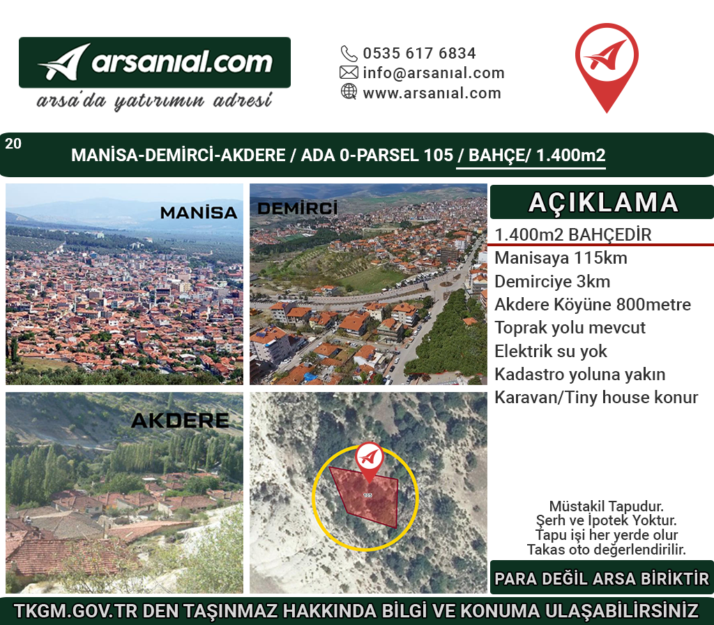 Manisa Demirci Akdere Satılık 1400m2 Bahçe
