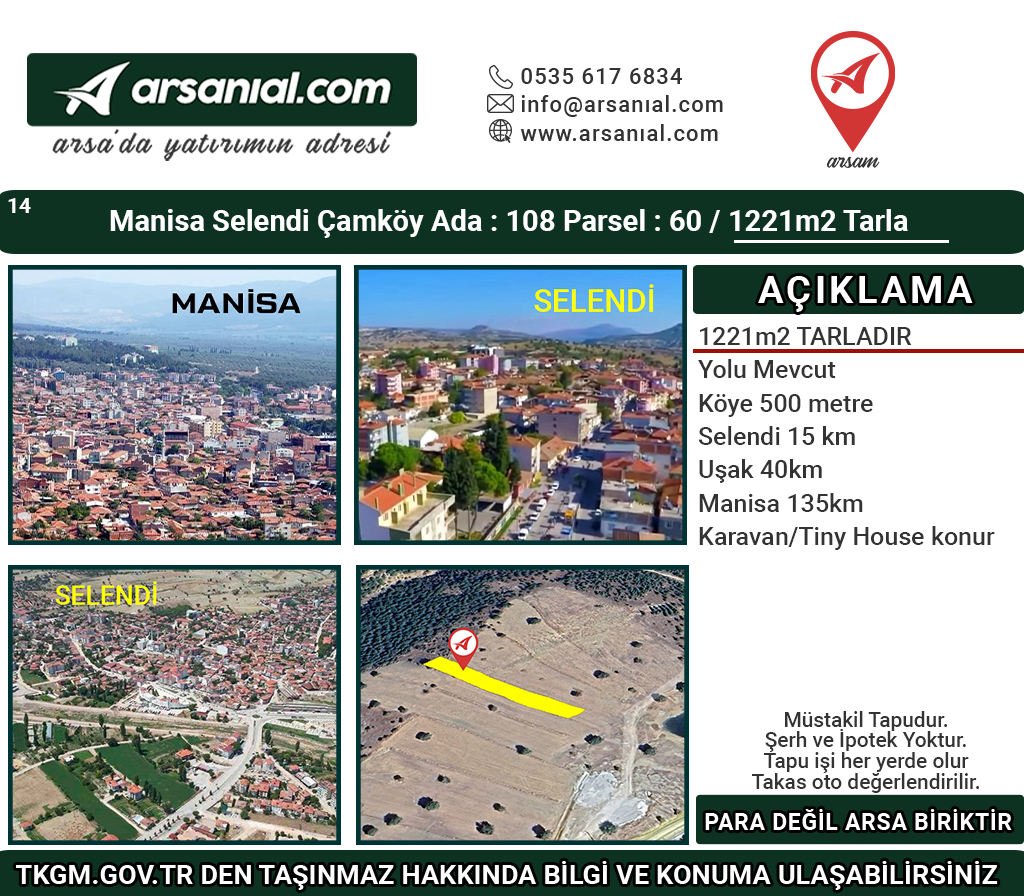 Manisa Selendi Çamköy 1221m2 Tarla