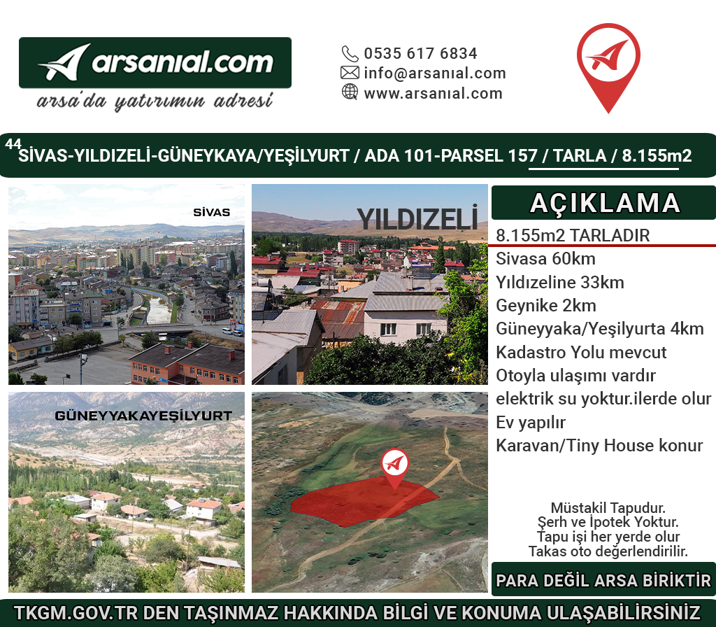 Sivas-Yıldızeli-GüneyyakaYeşilyurt-Satılık-8155m2Tarla