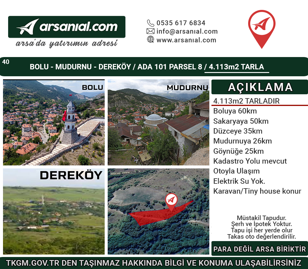 Bolu Mudurnu Dereköy Satılık Tarla 4113m2