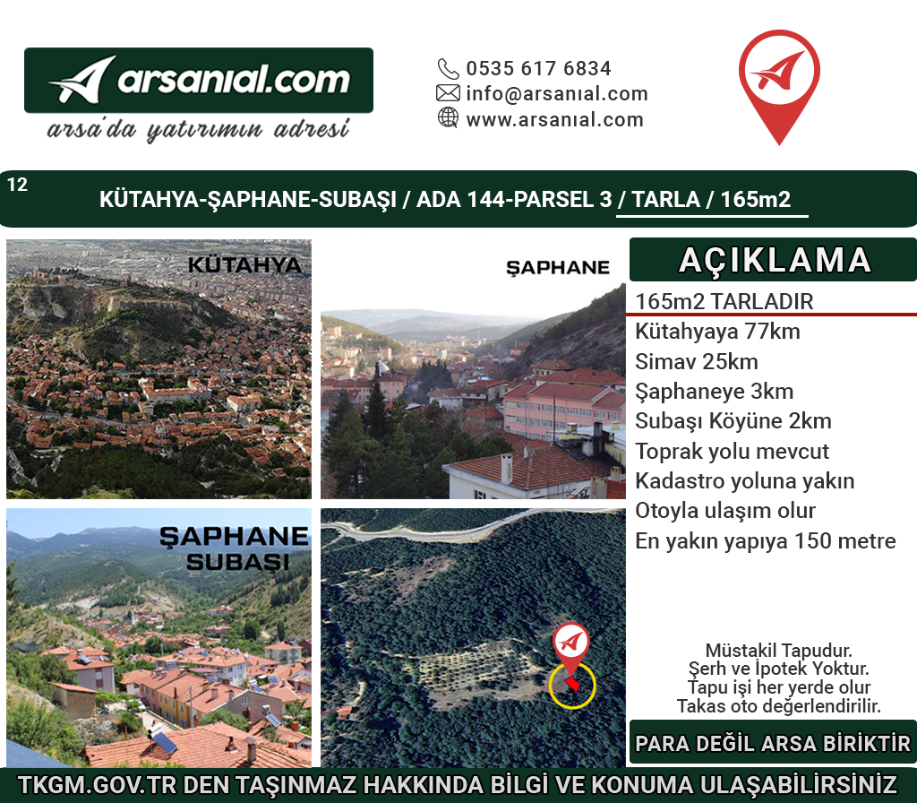 Kütahya Şaphane Subaşı Satılık 164 m2 Tarla