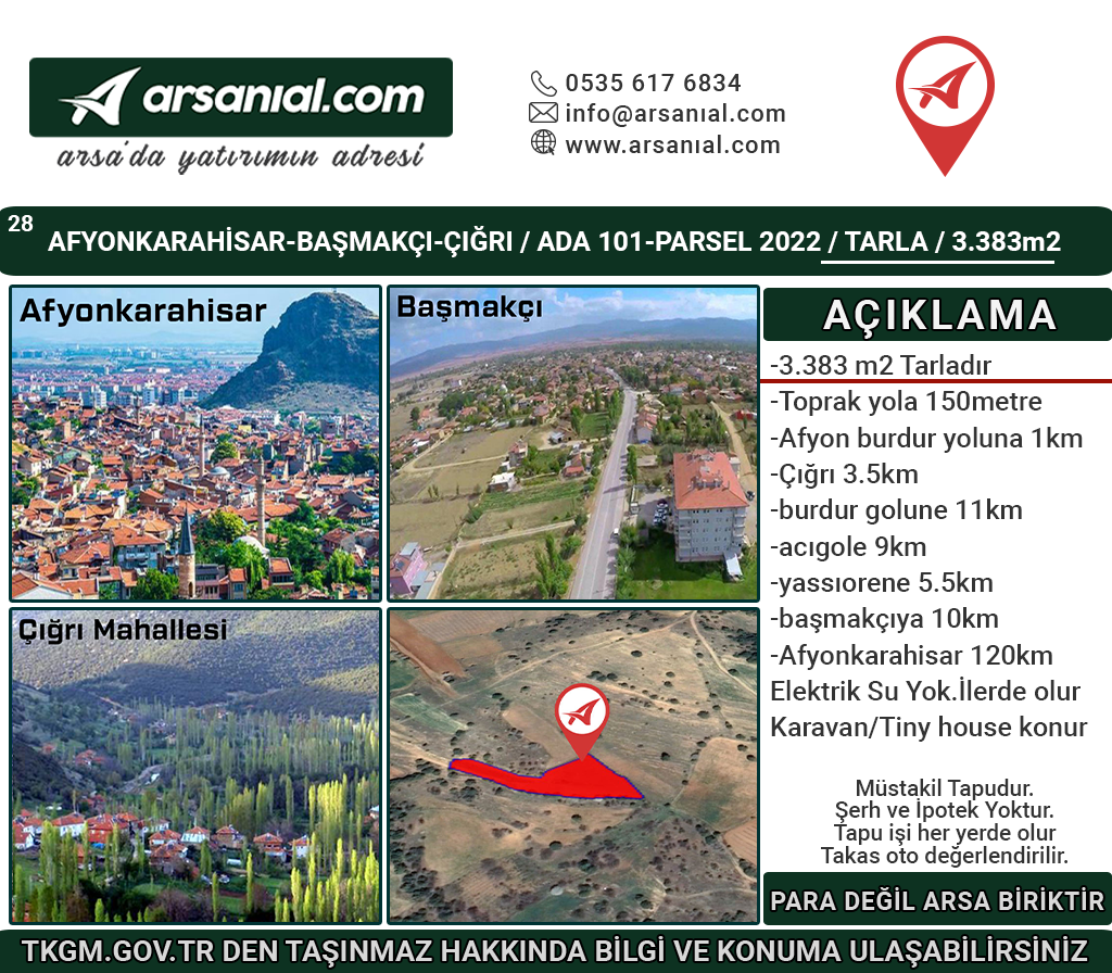 Afyonkarahisar-Başmakçı-Çığrı-Satılık 3383m2-Tarla