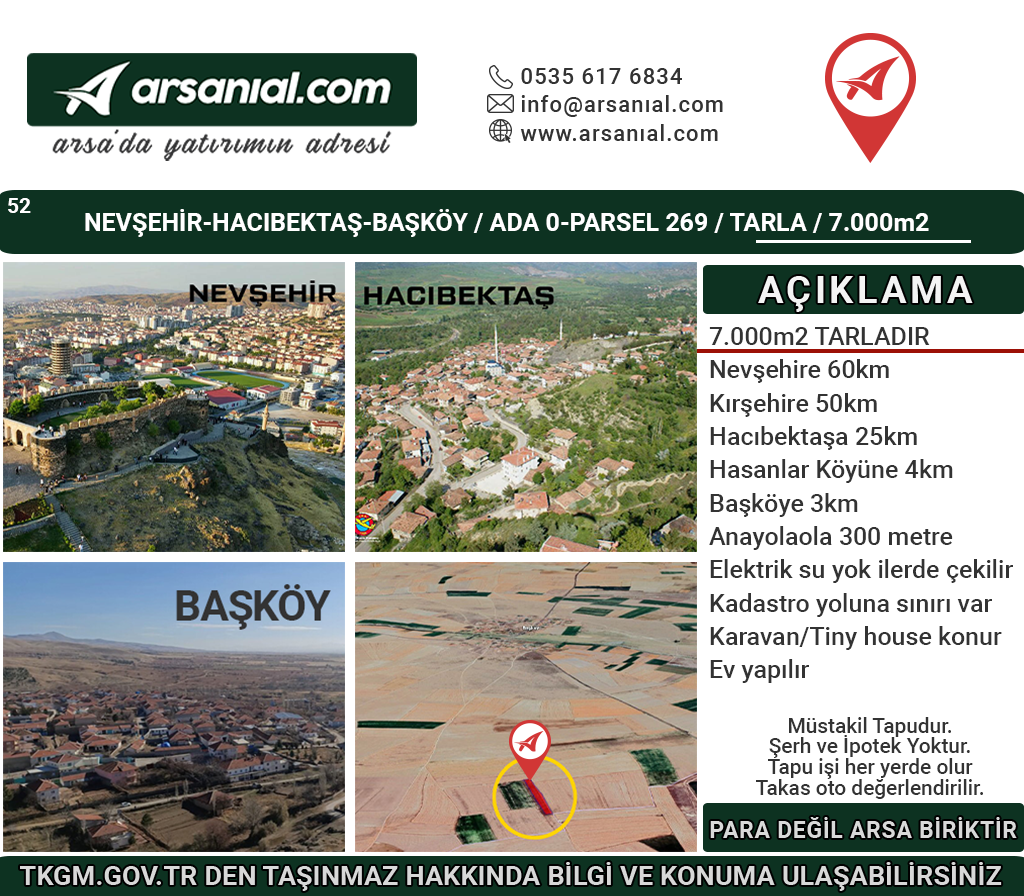 Nevşehir-Hacıbektaş-Başköy-Satılık-7000m2Tarla