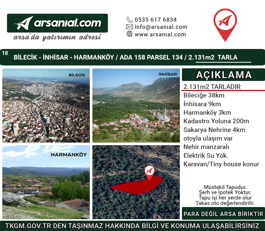 Bilecik-İnhisar-Harmanköy-Satılık 2131m2 Tarla
