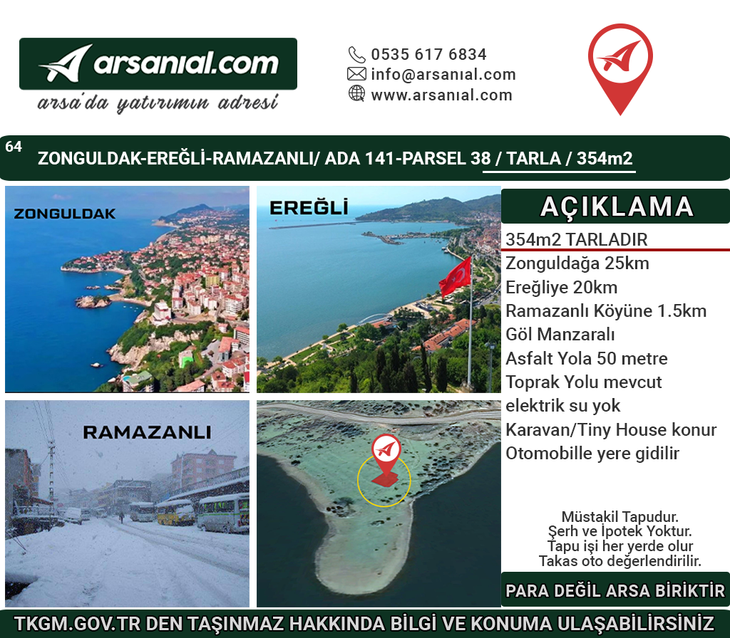 Zonguldak-Ereğli-Ramazanlı-Göl Manzaralı Satılık-354m2Tarla