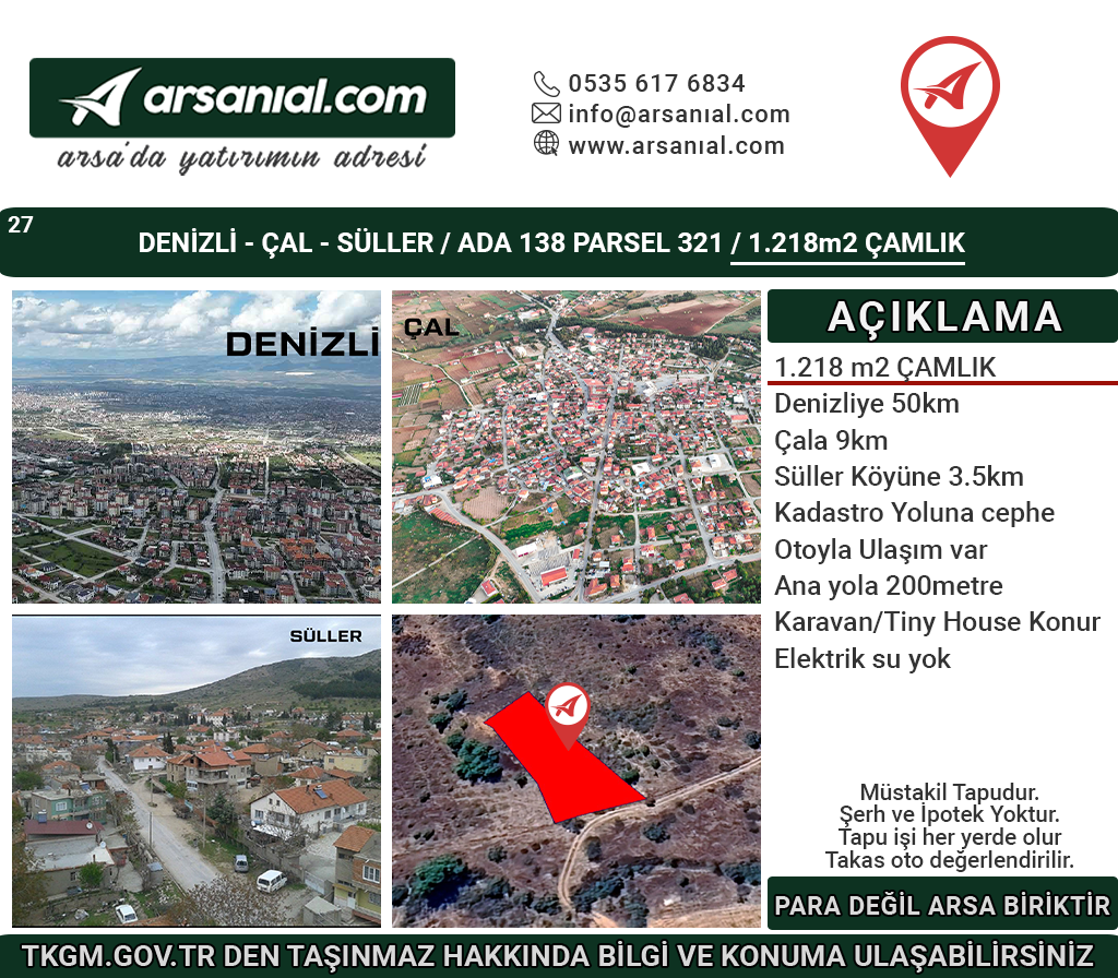 Denizli-Çal-Süller Satılık-1218m2 Çamlık