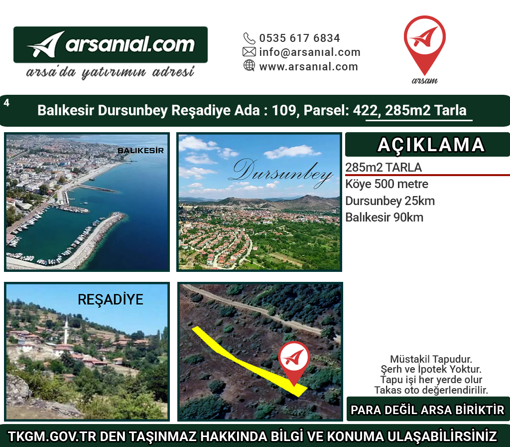 Balıkesir Dursunbey Reşadiye 285m2 Tarla