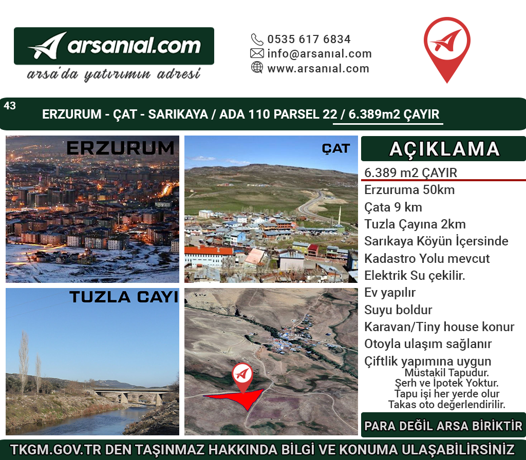 Erzurum-Çat-Sarıkaya-Satılık 6389m2 Tarla