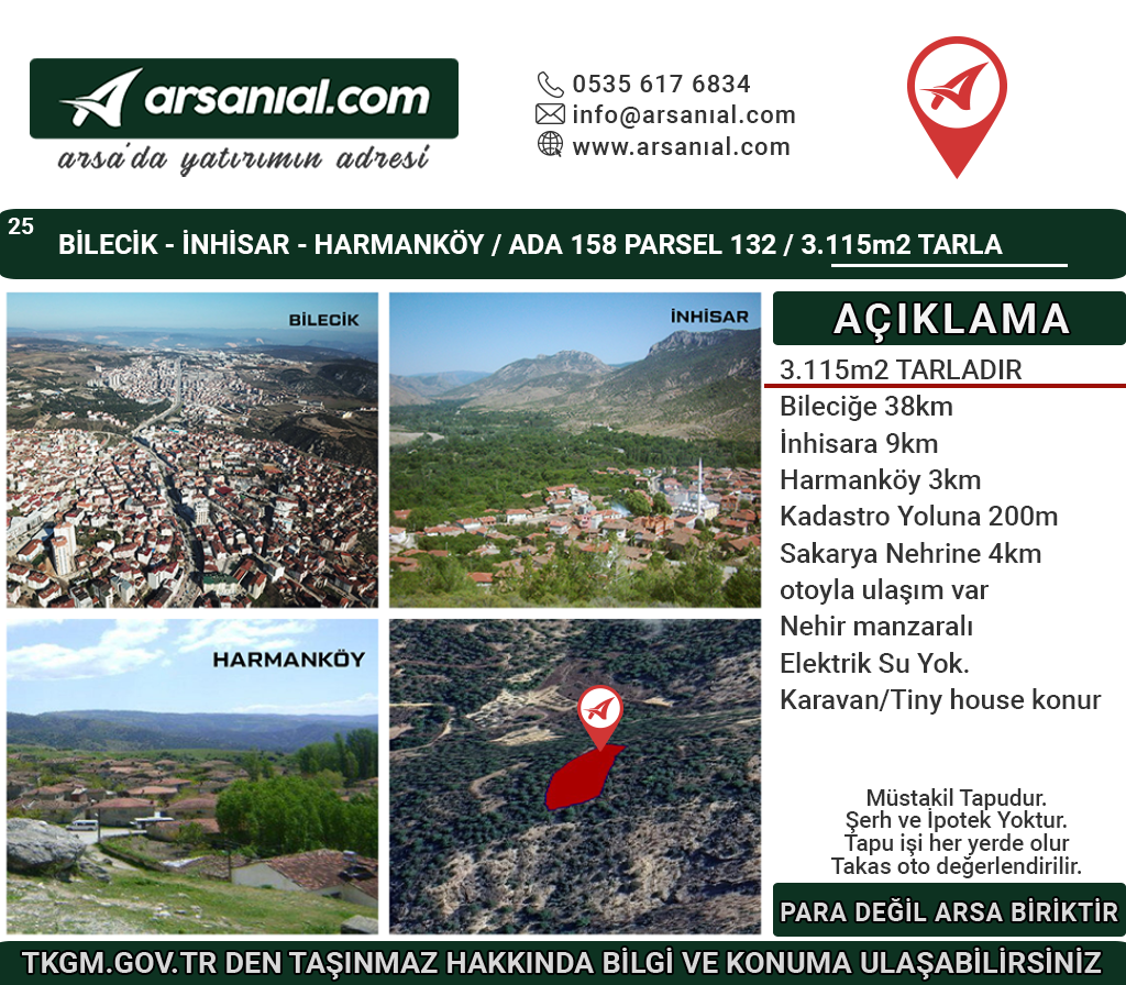 Bilecik-İnhisar-Harmanköy-Satılık 3115m2 Tarla