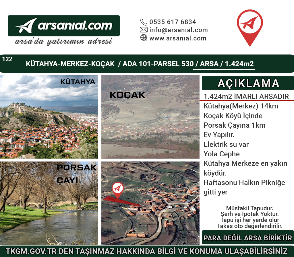Kütahya-Merkez-Koçak-1424m2-Arsa