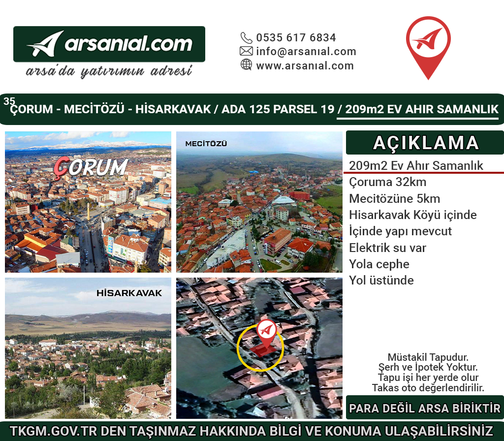 Çorum-Mecitözü-Hisarkavak Satılık 209m2 İmarlı Arsa